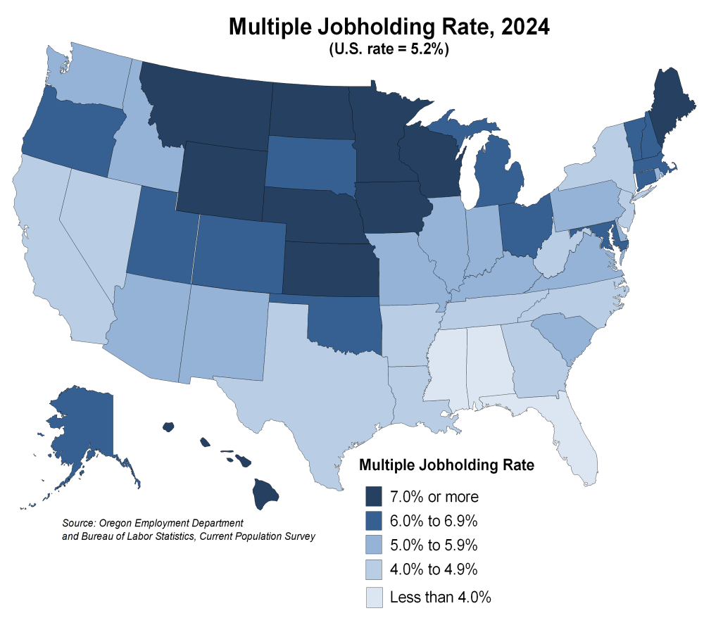 Figure showing multiple jobholding rate, 2024 (U.S. rate = 5.2%)