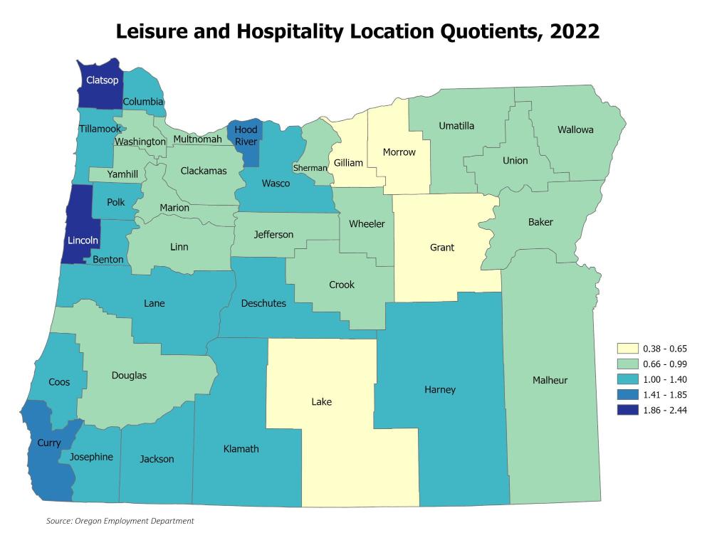 Figure showing leisure and hospitality location quotients, 2022