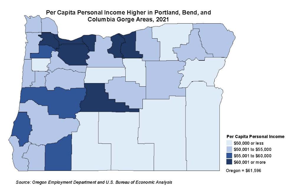 Figure showing per capita personal income higher in Portland, Bend, and Columbia Gorge areas, 2021