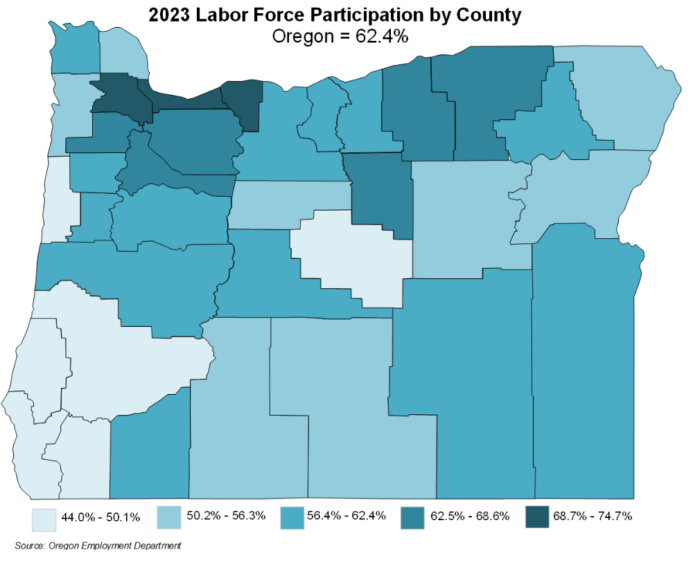 Figure showing map of Oregon Labor Force Participation Rates by County, 2023