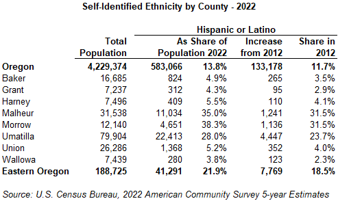 Table showing Self-Identified Ethnicity by County - 2022