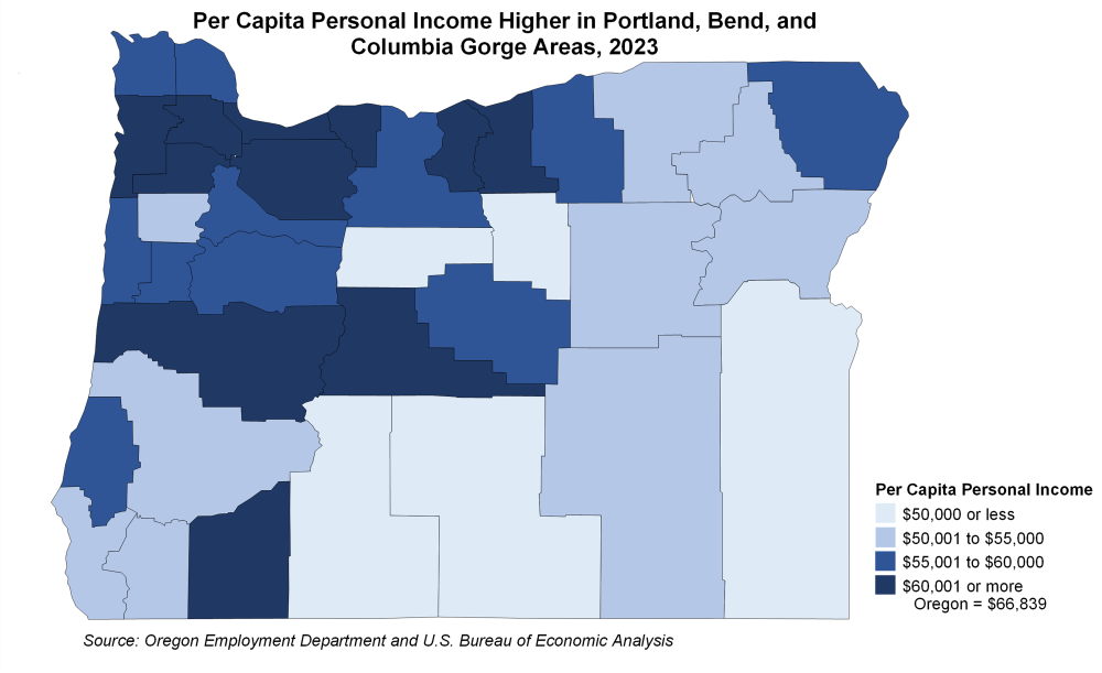 Figure showing per capita personal income higher in Portland, Bend, and Columbia Gorge areas, 2023