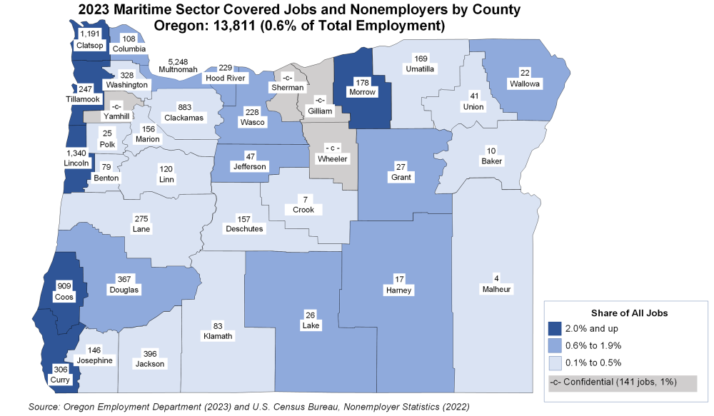 Figure showing maritime sector covered jobs and nonemployers by county