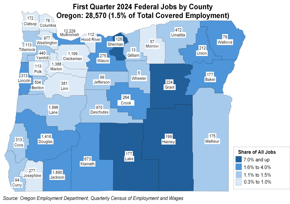 Figure showing first quarter 2024 federal jobs by county, Oregon