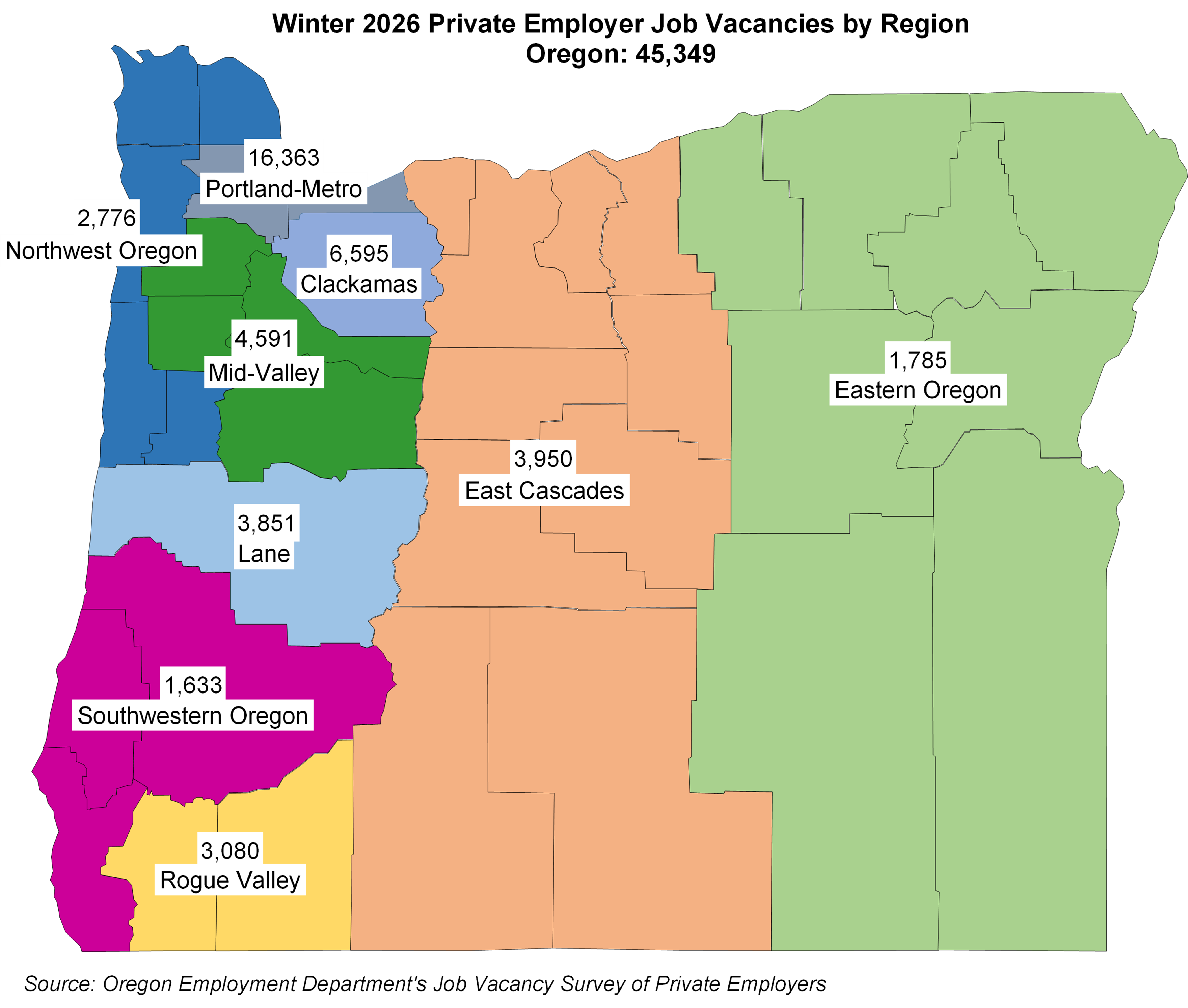 Map showing job vacancies in regions across Oregon
