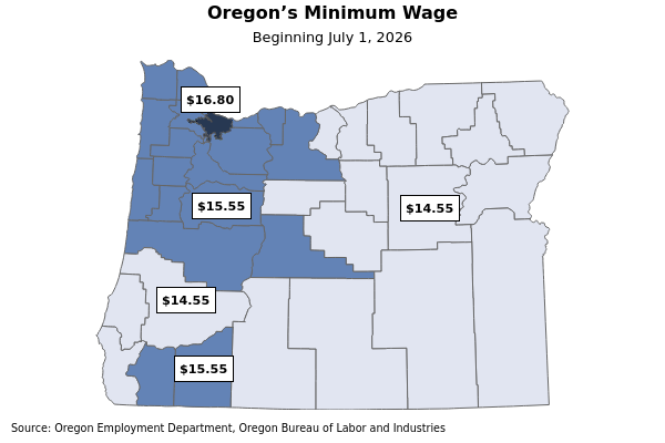 Map showing Oregon minimum wage by area