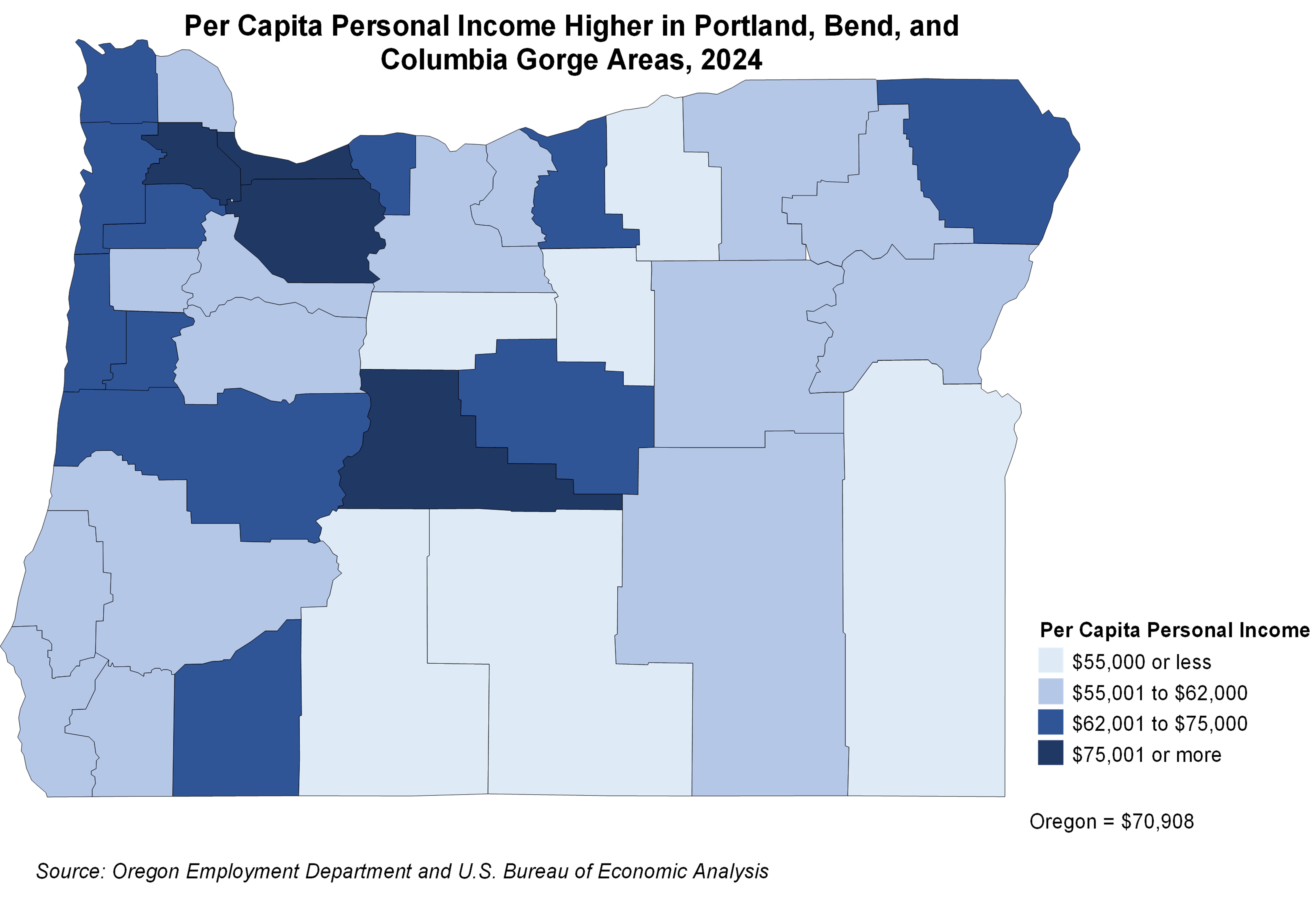 Map showing Oregon's per capita personal income is higher in the Columbia Gorge and Portland Metro areas